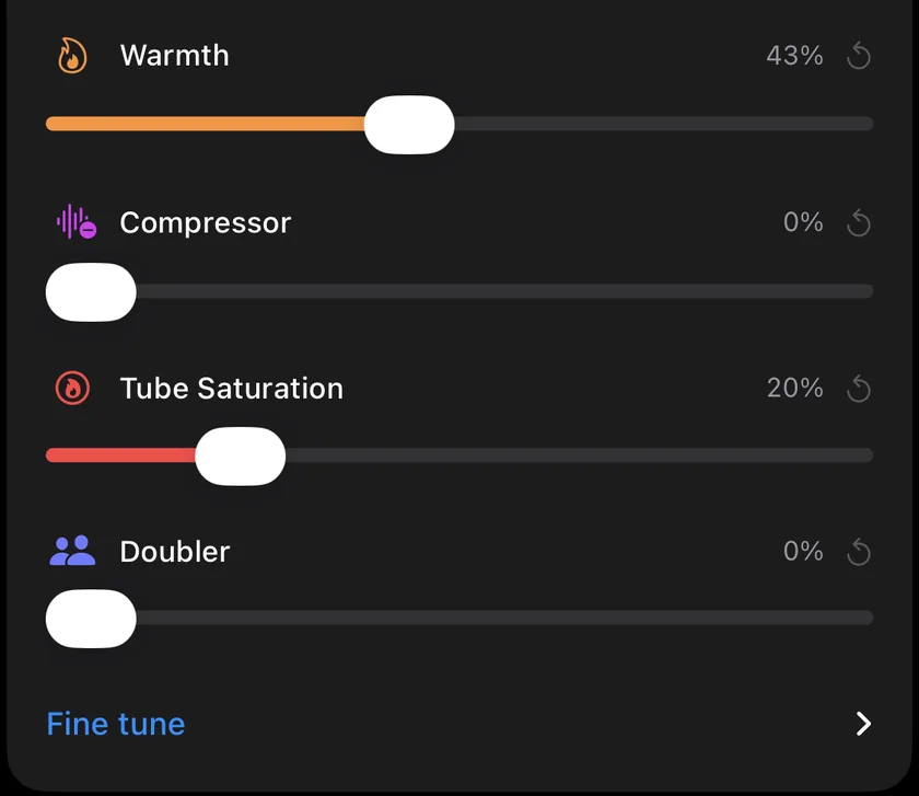 The Character sliders in Videcho: Warmth, Compressor, Tube Saturation, Doubler and Fine tune
