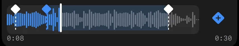 The waveform bar in Videcho with keyframe markers and the diamond button to add one