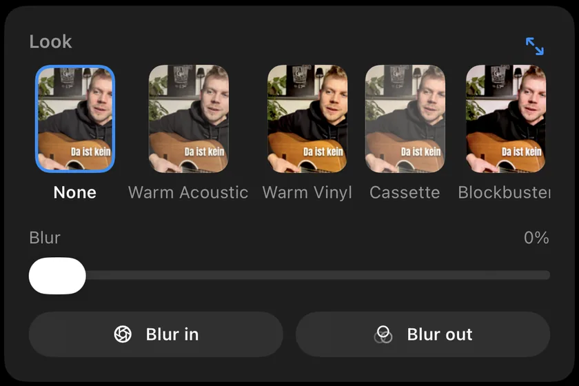 The Look card in Videcho: None, Warm Acoustic, Warm Vinyl, Cassette and Blockbuster, then Blur with Blur in and Blur out