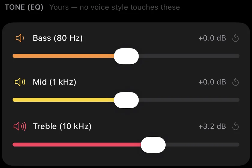 The Tone (EQ) card in Videcho: Bass at 80 Hz, Mid at 1 kHz and Treble at 10 kHz
