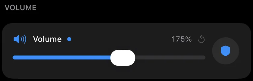 The Volume card in Videcho: the slider at 175% and the shield button for the limiter