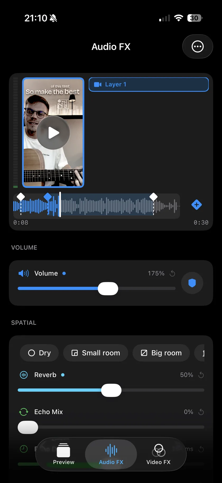 Videcho's Audio FX tab on an iPhone with the Volume slider at 175% and the shield button for the limiter