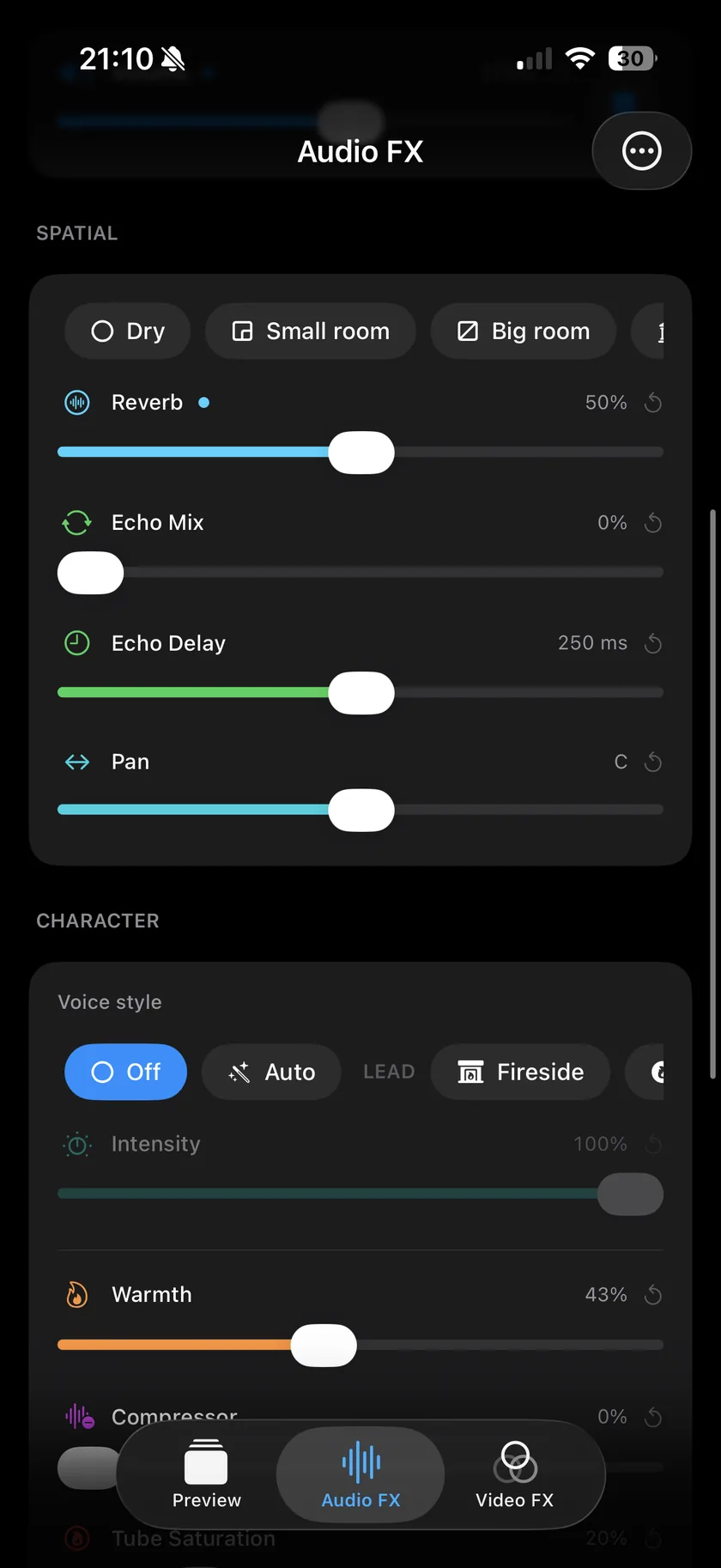 Videcho's Audio FX tab on an iPhone with the reverb presets Dry, Small room and Big room, the Reverb slider at 50%, Echo Mix, Echo Delay and Pan