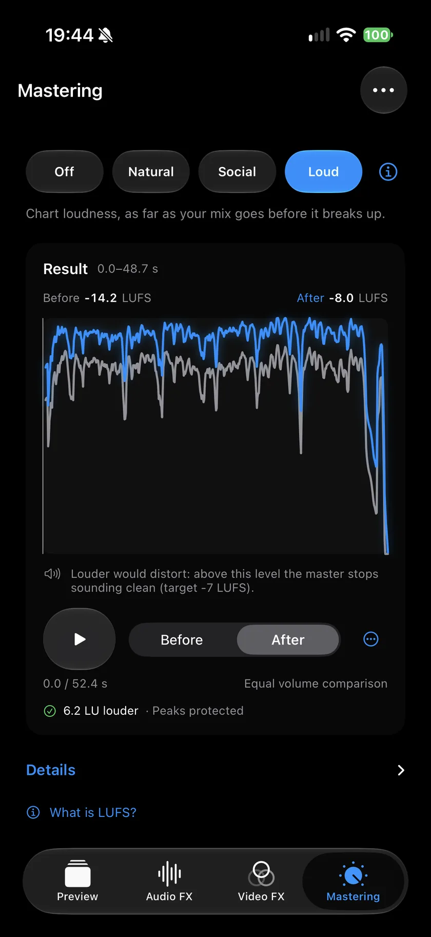 VidechoのMasteringタブ:Loudを選び、前 -14.2 LUFS、後 -8.0 LUFS