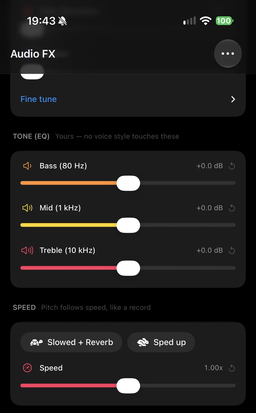 Videcho's Audio FX tab on an iPhone with the three EQ bands and the Speed section with Slowed + Reverb, Sped up and the Speed slider at 1.00x