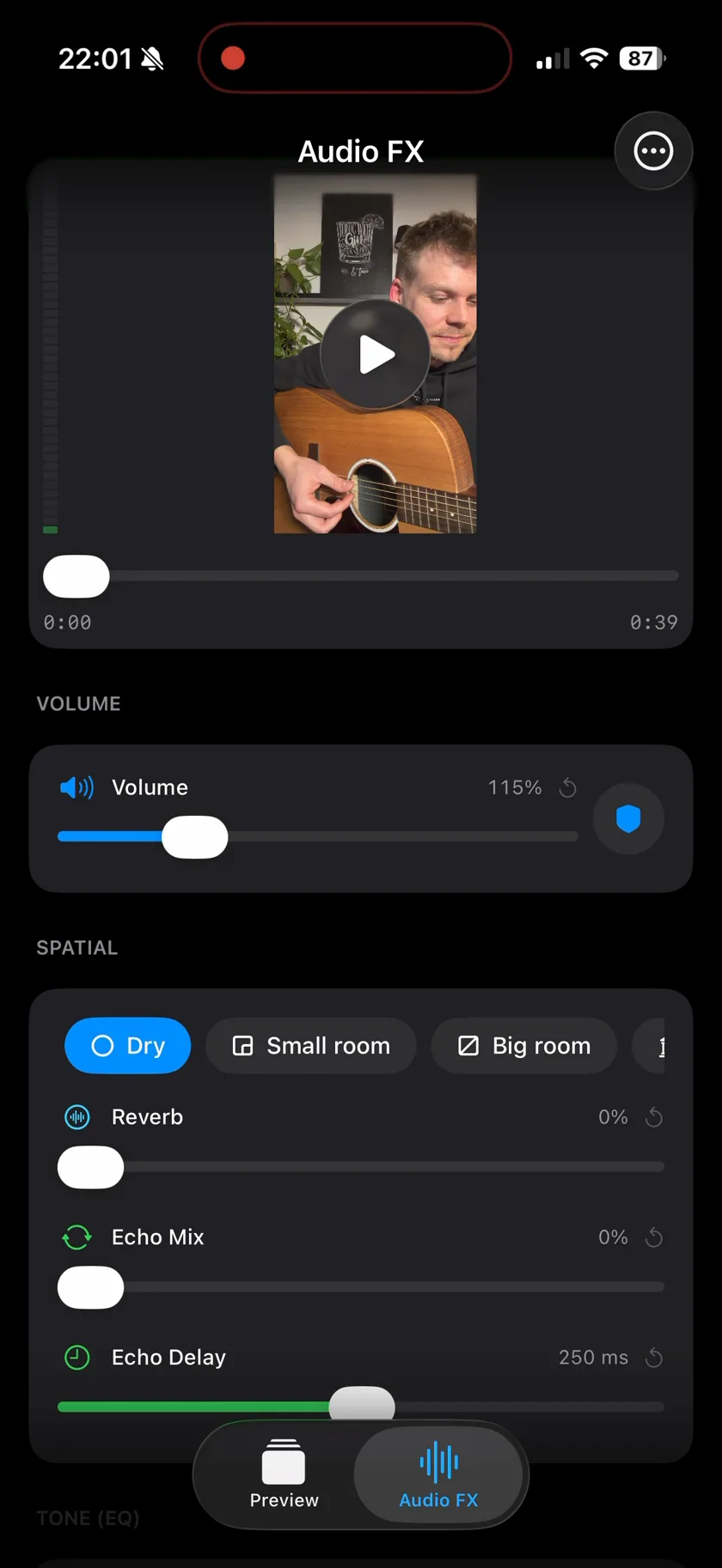 Videcho on an iPhone with the audio effects open